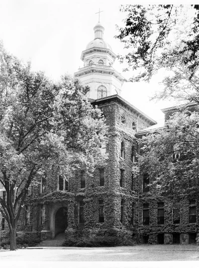 a black and white photo of a building on Marywood University's campus