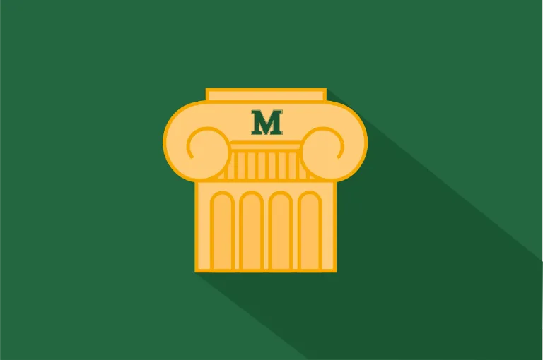 Gold icon of a Greek column with a Marywood M logo on a green background