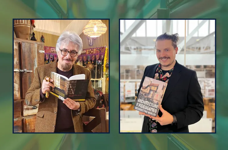 A collage of two faculty members holding books that they recently published against a green backdrop.