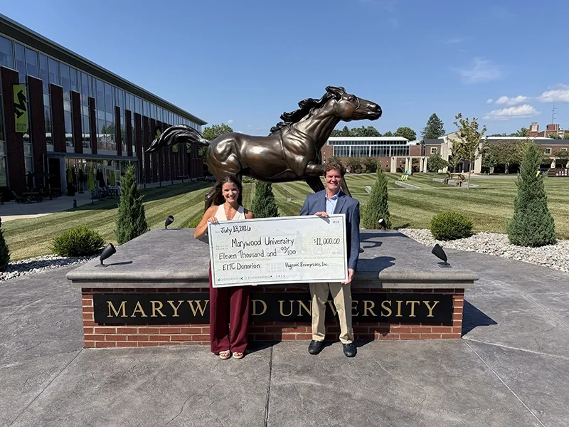 Pictured from left are Meghan Carnevale, Director of Corporate & Foundation Relations at Marywood University, and Mark DeStefano, CPA, MSHA, Chief Financial Officer of Pagnotti Enterprises, Inc., during the presentation of an $11,000 Educational Improvement Tax Credit (EITC) donation in support of Marywood University's Momentum Program. Pagnotti Enterprises, Inc. Supports Momentum Program with EITC Donation