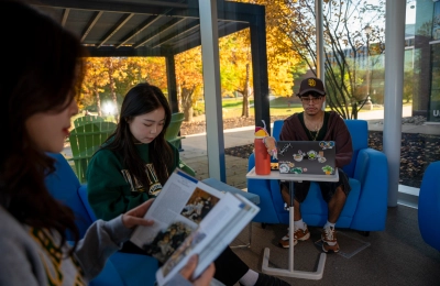 Outdoor area of students reading and working.