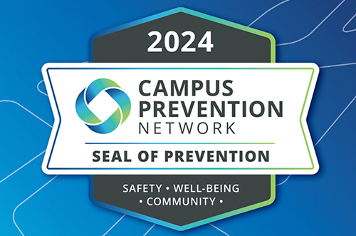 Logo of the 2024 Campus Prevention Network Seal of Prevention on a blue background