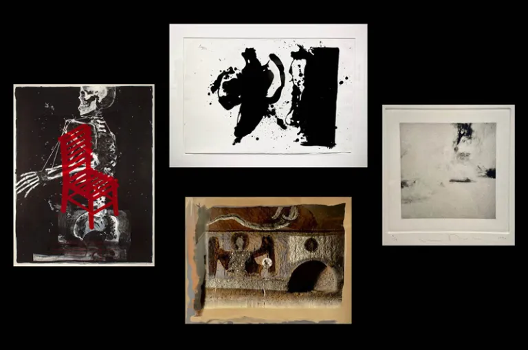 Art featured in the exhibit “On Entropy: Selections from The Maslow Collection on Creation and Loss” at Marywood University includes work, clockwise from left, by artists Robert Cumming, Robert Motherwell, Ellen Phelan, and  Denny Moers.