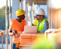 Two construction workers discussing plans on a job site