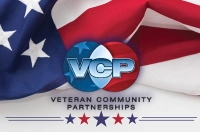 background of a USA flag with a veteran community partnerships logo and blue and red stars Third Annual Veterans and Community Partners Wellness Summit at Marywood University