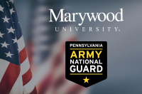 An American flag is pictured in the background of Marywood's and the Pennsylvania National Guard's logos