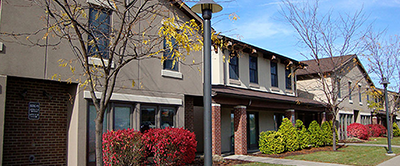 The woodlands apartments with red and green bushes in front